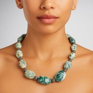 Vintage Chunky Tree Agate Gemstone Necklace Boho Statement